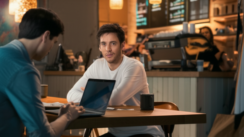 Person researching in coffee shop